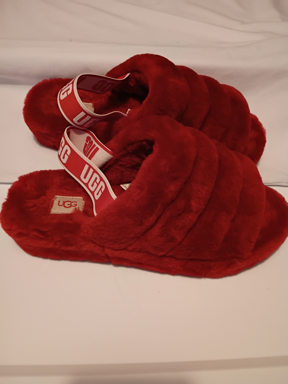 UGG Red Plush Sheepskin Slide with Branded Sling